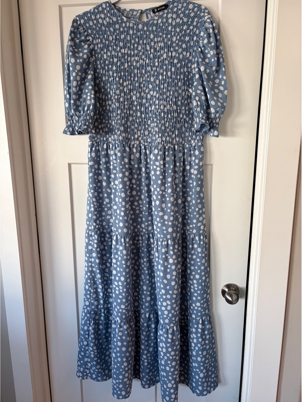 BTFBM Dusty Blue Polka-Dot Smocked Tiered Midi Dress — Size XL
